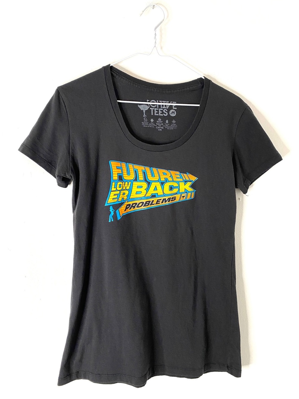 Chive Tees Black Scoop Neck Graphic Tee “Future Lower Back Problems” Parody